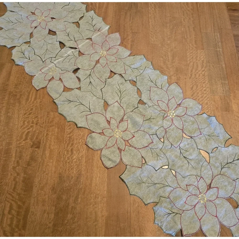 Signature Homestyles Christmas Poinsettia Holly Cutwork Table Runner 17
